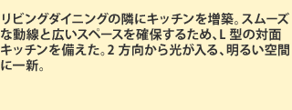 リビングダイニングの隣にキッチンを増築。スムーズな動線と広いスペースを確保するため、L型の対面キッチンを備えた。2方向から光が入る、明るい空間に一新。